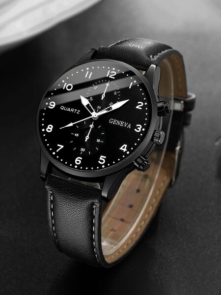Shein - 2pcs/set Men's Fashionable Casual Numerical Scale Dial With Calendar Quartz Wristwatch And Leather Bracelet