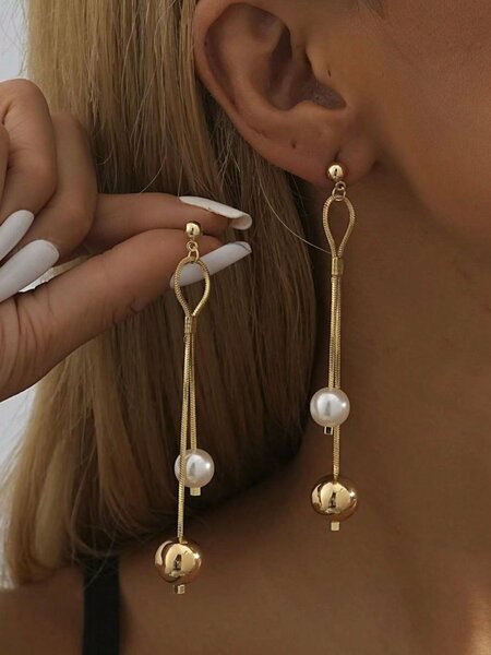 Shein - 1pair Simple & Versatile Pearl & Copper Chain Dangle Earrings Suitable For Women's Dates & Parties