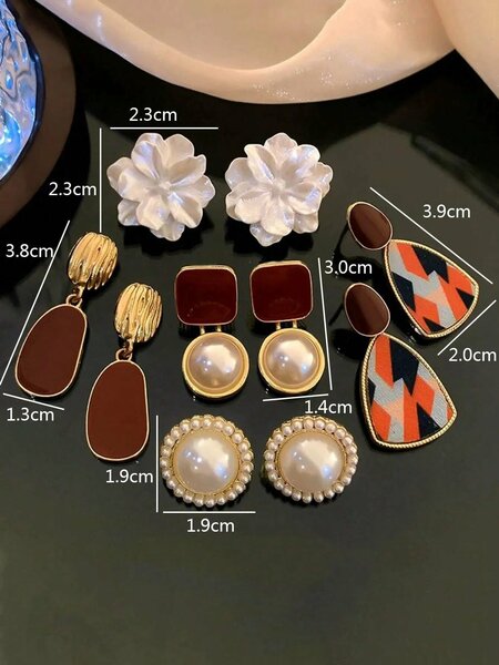 Shein - 5pcs/Set Square Burgundy Floral Enamel & Faux Pearl Stud Earrings, Fashionable Elegant Geometric Earrings Set