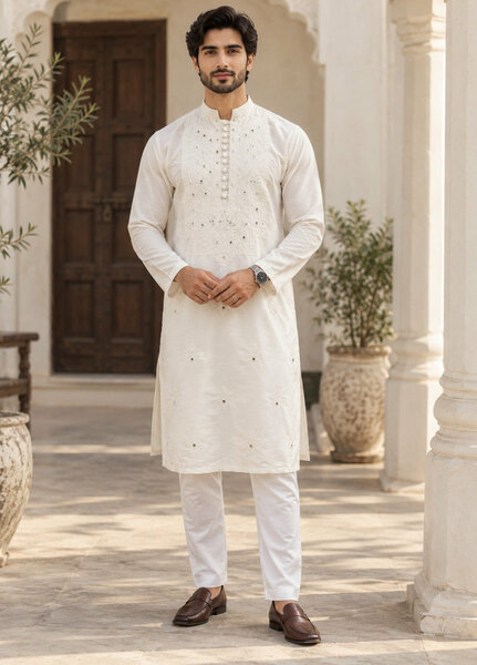 TGM Mens RTW Chikankari Chikankari Kurta Pajama Suit White Prism Festive Collection