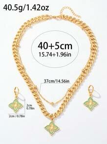 Shein - Women's 3pcs/Set Drip Oil Four Leaf Clover Earrings, Multi-Layer Pearls And Chain Elegant Set Blu Green