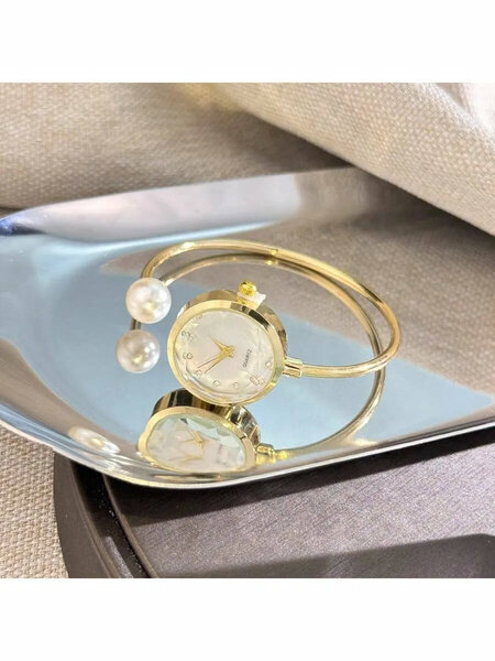 Shein - 1pc Women's Delicate Bracelet Watch With 1 Large Pearl, Diamond-Cut Glass Crystal Dial, Minimalist Quartz Watch Bracelet - Gold