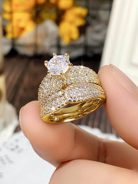 Shein - 2Pc/Set Gorgeous Cubic Zirconia Ring For Women For Valentine'S Day Gift Wedding Anniversary Party Jewelry
