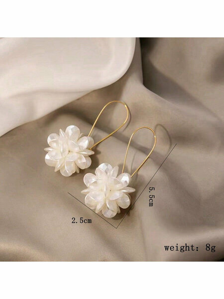 Shein - Exaggerated Long Acrylic Faux Pearl Flower Ball Earrings, Handmade White Petals Ball With Geometric Clip-On, Luxurious Ear Jewelry For Women
