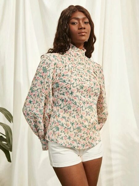 Shein - Floral Print Mock Neck Blouse