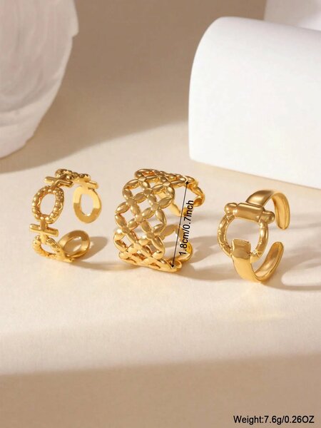 Shein - GEREIT 3pcs 18K Stainless Steel Asymmetrical Gold Ring Set,