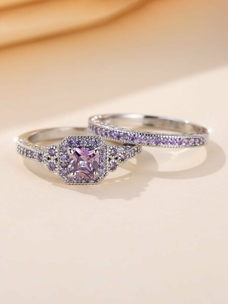 Shein - 1set Fashionable & Elegant Purple Sparkling CZ Jewelry Set (ring, Earrings, Necklace), Perfect Gift For Women And Suitable For Dating, Engagement And Wedding Occasions