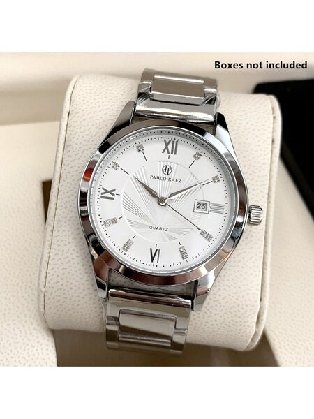 Shein - 1pc Men's Luxurious Style Wristwatch, Silver Stainless Steel Case, White Roman Numeral Dial With Rhinestone Watch