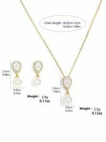 Shein - Rakol 3pcs Fashionable & Luxurious Copper Cubic Zirconia Pearl Waterdrop Shape Necklace And Earrings Set
