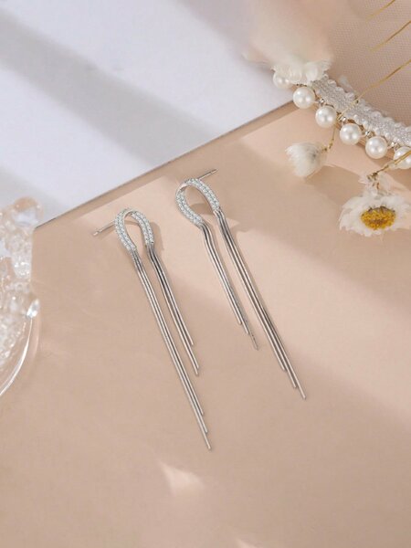 Shein Exclusive -  Exclusive 1pair Original Design Fashionable Rose Gold Plated & 925 Silver Tassel Pendant Earrings With Zirconia For Women's Birthday Gift, Comes With Gift Box