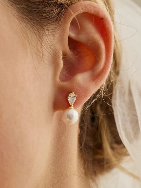 Shein - 14k Gold Plated CZ Pearl Bridal Earrings, Low Allergy Gold Plated Earrings, Elegant Wedding Bride Pearl Jewelry For Women