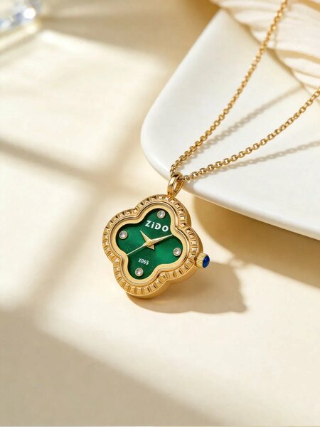 Shein - 1Pc Vintage Clover Women'S Beaded Quartz Pendant Watch