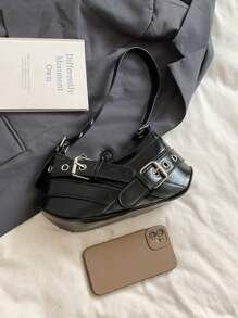 Shein - New Fashionable Buckles Decor PU Leather Shoulder Bag