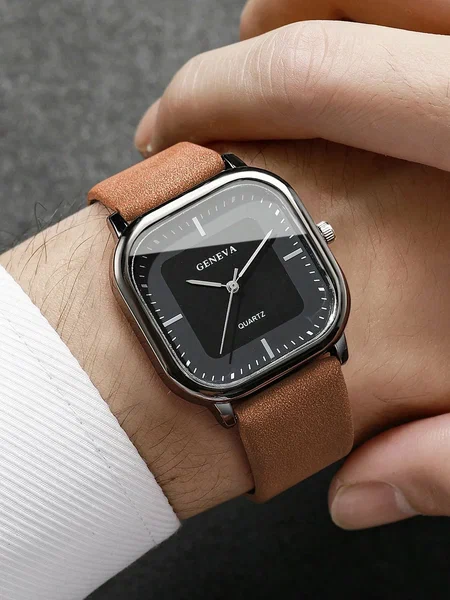 Shein - 2pcs/Set Men's Gift Watch & Belt, Fashion Minimalist Square Dial Quartz Wrist Watch