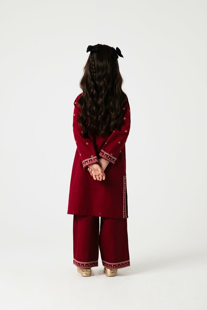 Crimson Red Heritage Embroidered Kurta Set - 2pc