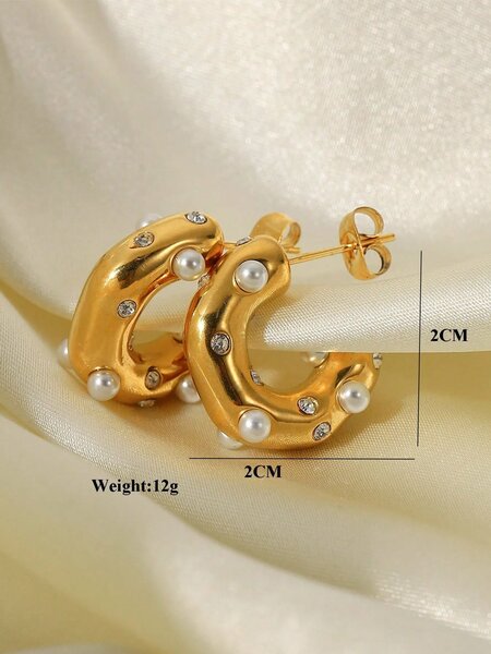 Shein - SHOPBOHO 1pair Glamorous Stainless Steel Cubic Zirconia & Faux Pearl Decor Cuff Hoop Earrings