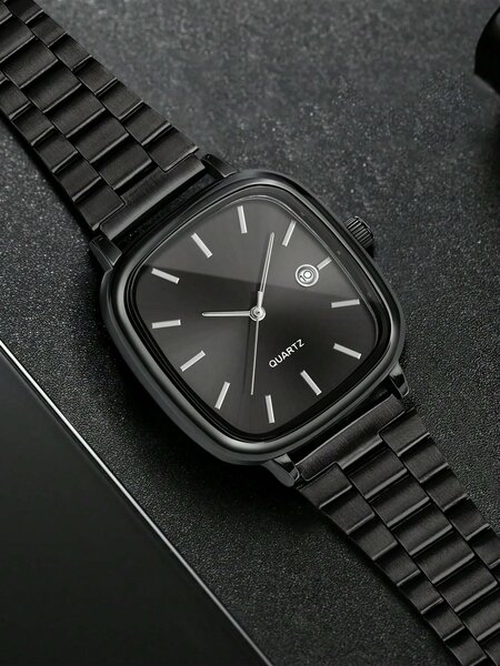 Shein - 1pc LUCKYFOX Minimalist Retro Steel Band Square Dial Calendar Watch
