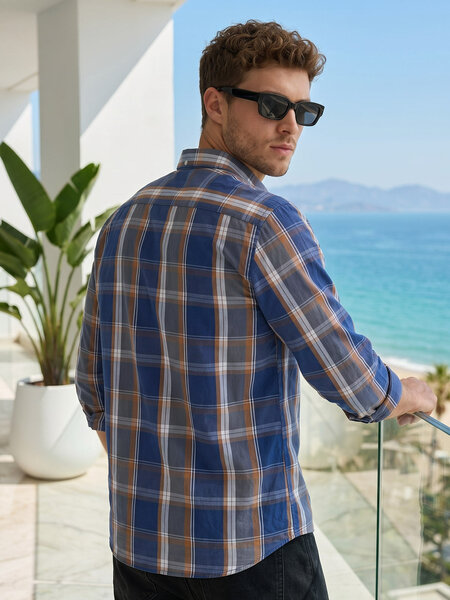 Blue & Brown Check Button Down Casual Shirt (CSC-427)