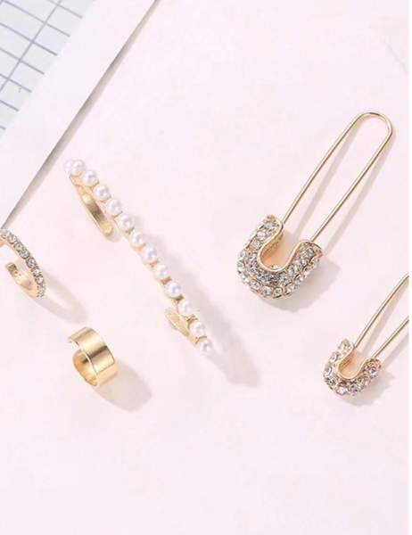 Shein - 5pcs/Set Retro Creative Rhinestone Metal Personality Pearl Earrings Set