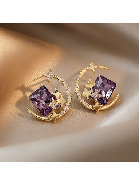 Shein - 1 Pair Of High-Grade Light Luxury Star Moon Design Sense Earrings Stud Female Mesh Red Diamond Crystal Earrings