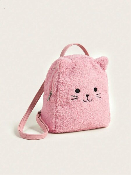 Shein - Pink Cat Teddy Plush Zipper Closure Cute Small Backpack (Very Small Size)