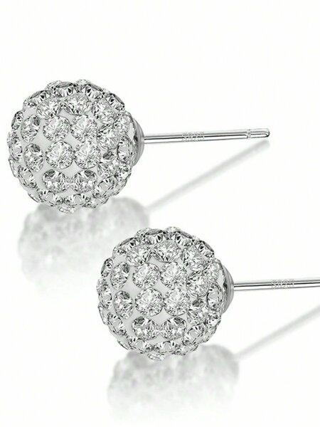 Shein - Sterling Silver Cubic Zirconia Ball Stud Earrings