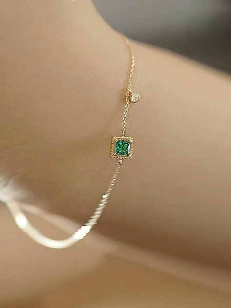Shein - 1pc Minimalist & Delicate & Personalized Design Ins Style S925 Silver Plated 14k Gold Bracelet With Green Square Cubic Zirconia Decoration