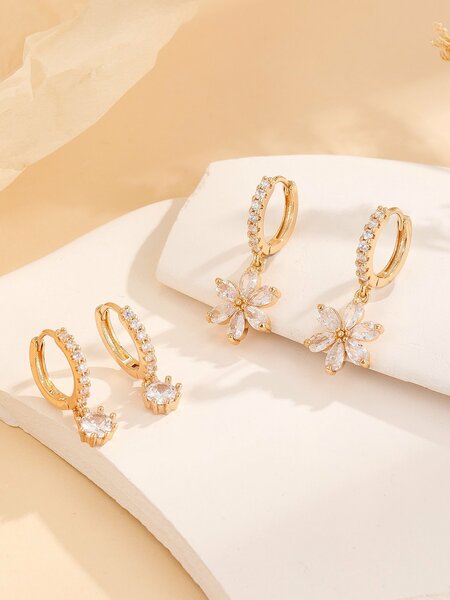 Shein - 2pairs/set Cubic Zirconia Flower Drop Earrings