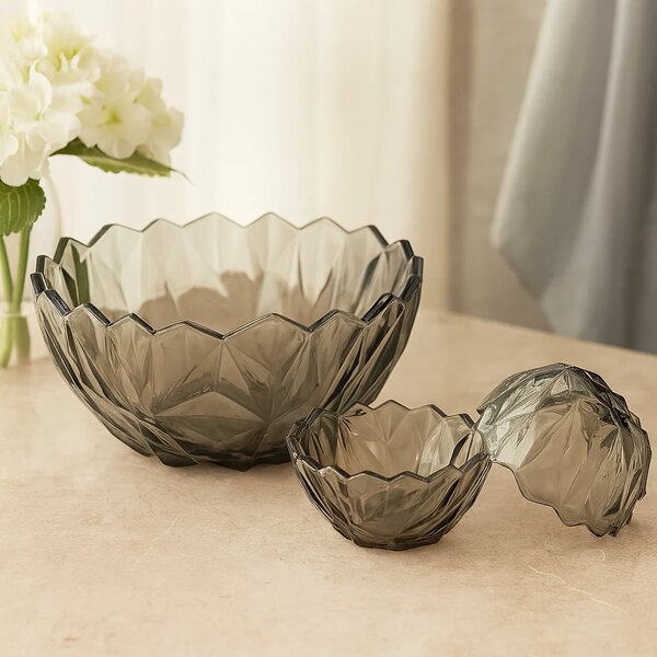 Smoky-Tinted Crystal-Cut 7-Piece Fruit & Serving Bowl Set – Premium Coloured Pressed Glass