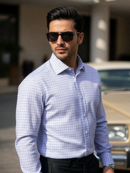 White & Blue Checkered, Elite Edition, Cutaway Collar Men’s Formal Shirt (FS-2637)