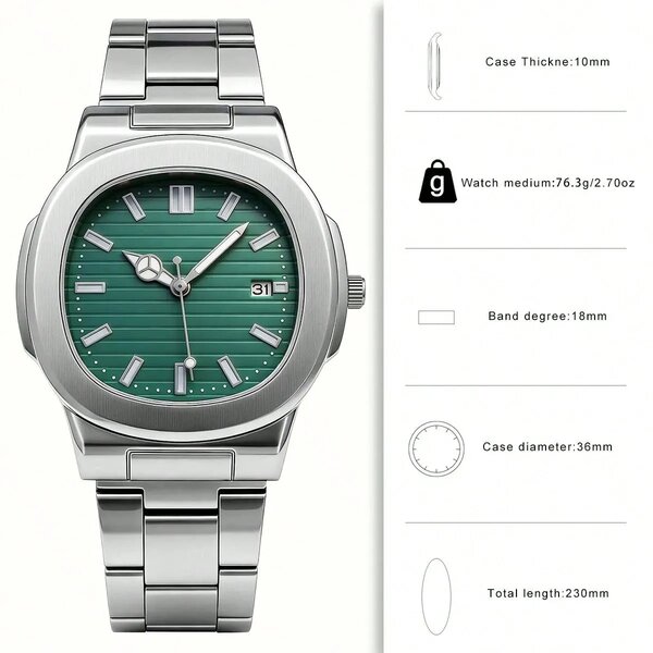 Shein - 1pc Men's Steel Band Quartz Watch - Emarald Dial