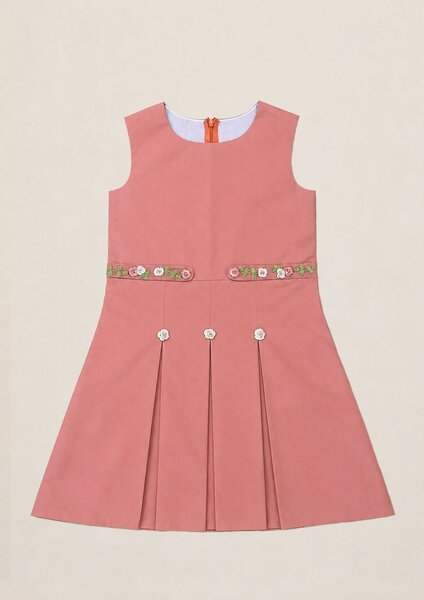 Melba | Cotton chambray frock with pleats and floral embroidered belt