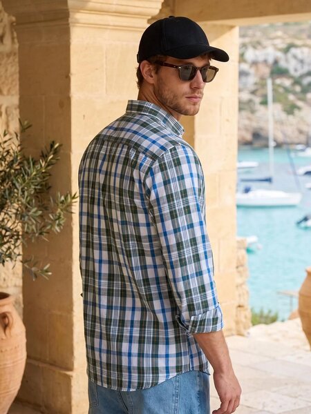 Green Check Button Down Casual Shirt (CSC-457)