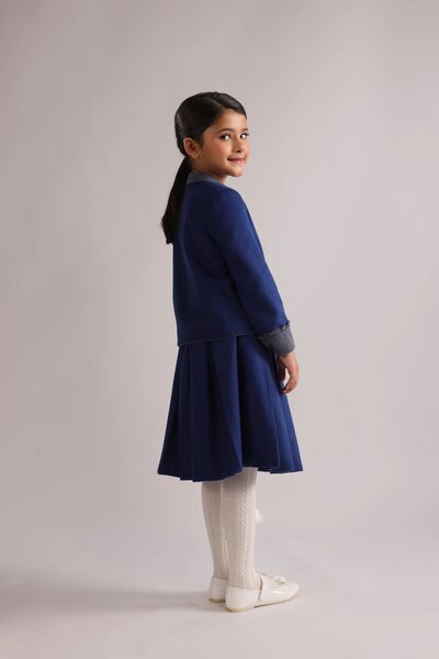 Bleuet | Girls' Blue Jacket and Pleated Skirt Set, Contrast Collar