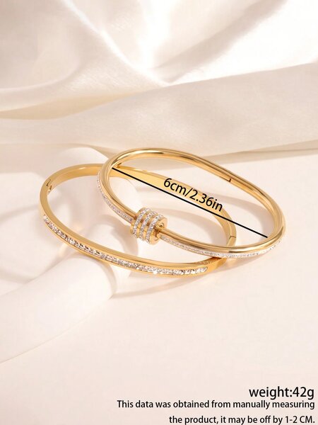 Shein - 2 Pcs Simple Fashion Light Luxury Stainless Steel Single Row Drill Rotating Bracelet Suitable For Women's Daily Wear