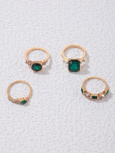 Shein - 4Pcs/Set Glamorous Zinc Alloy Rhinestone Geometric Decor Ring For Women For Girlfriend'S Gift