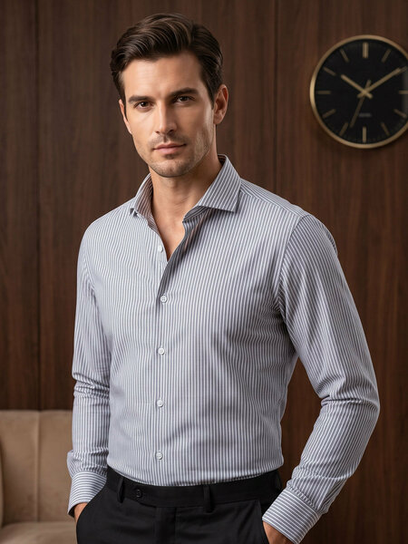 White & Black Striped, Classic Edition, Cutaway Collar Men’s Formal Shirt (FS-3083)