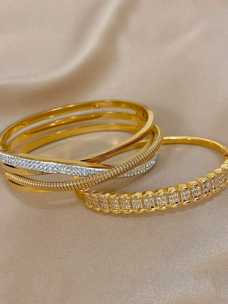 Shein - 18K Gold Plated Stainless Steel Luxury Vintage Zirconia Bangle Bracelets