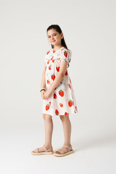 Strawberry Sketch Printed Cotton Dress