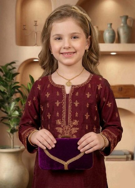 Modest Girls RTW Embroidered Viscose 3 Piece Suit Maroon Wedding Collection