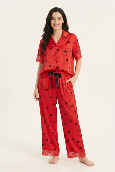 BLS - Short sleeves with long pants Pajama Set With Lace - Red