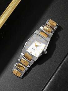 Shein - 1 Piece Of Fashionable And Personalized Rectangular Face Men's Casual Steel Band Quartz Watch