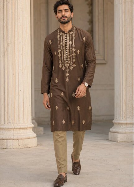 TGM Mens RTW Chikankari Chikankari Kurta Pajama Suit Elvar Brown Festive Collection