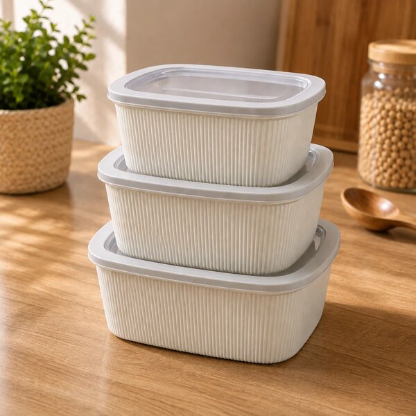 Kitchen Storage Box Ribbed – 3 Piece Food Storage Container Set with Lids | BPA-Free Multipurpose Organizers