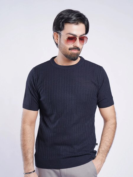 Navy Half Sleeves Men’s Premium Knitted Crew Neck T-Shirt (SKCN-025)