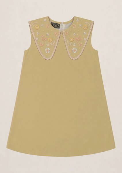 Matcha | A-line cotton dress with floral hand-embroidered collar