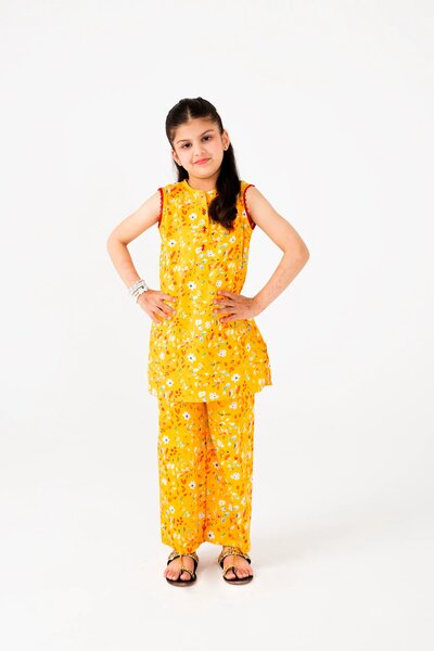 Girls Yellow Printed Cotton Kurta Set