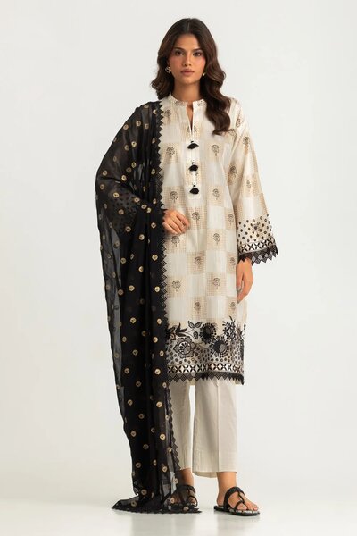 3PC Dobby Slub Gold Printed Embroidered Suit With Gold Printed Chiffon Dupatta