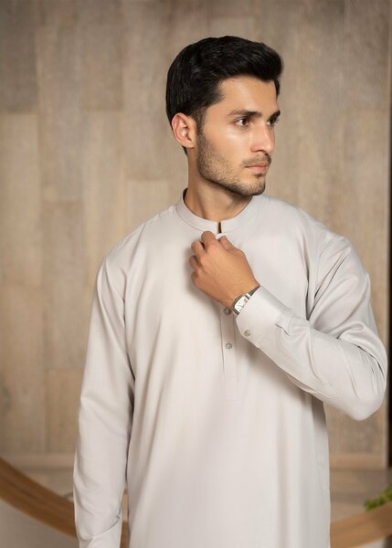 Buraq Men RTW Solids Wash N Wear Kurta Shalwar Suit Steal Grey Casual Collection