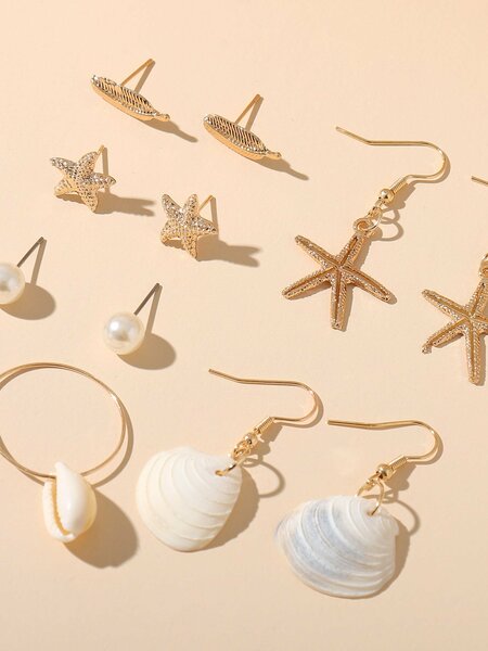 Shein - 6pairs Faux Pearl & Shell Decor Drop Earrings